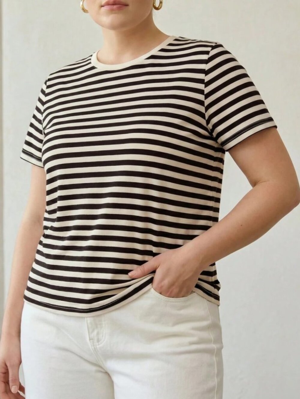 Cream Black Striped Crew Neck Short Sleeve Tee